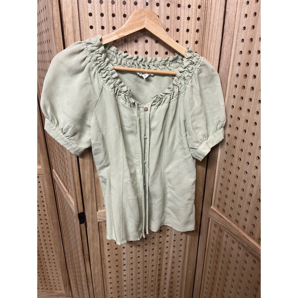 MINE Sage Green Ruffle Neck Puff‎ Sleeve Button Down Cottagecore Blouse Medium